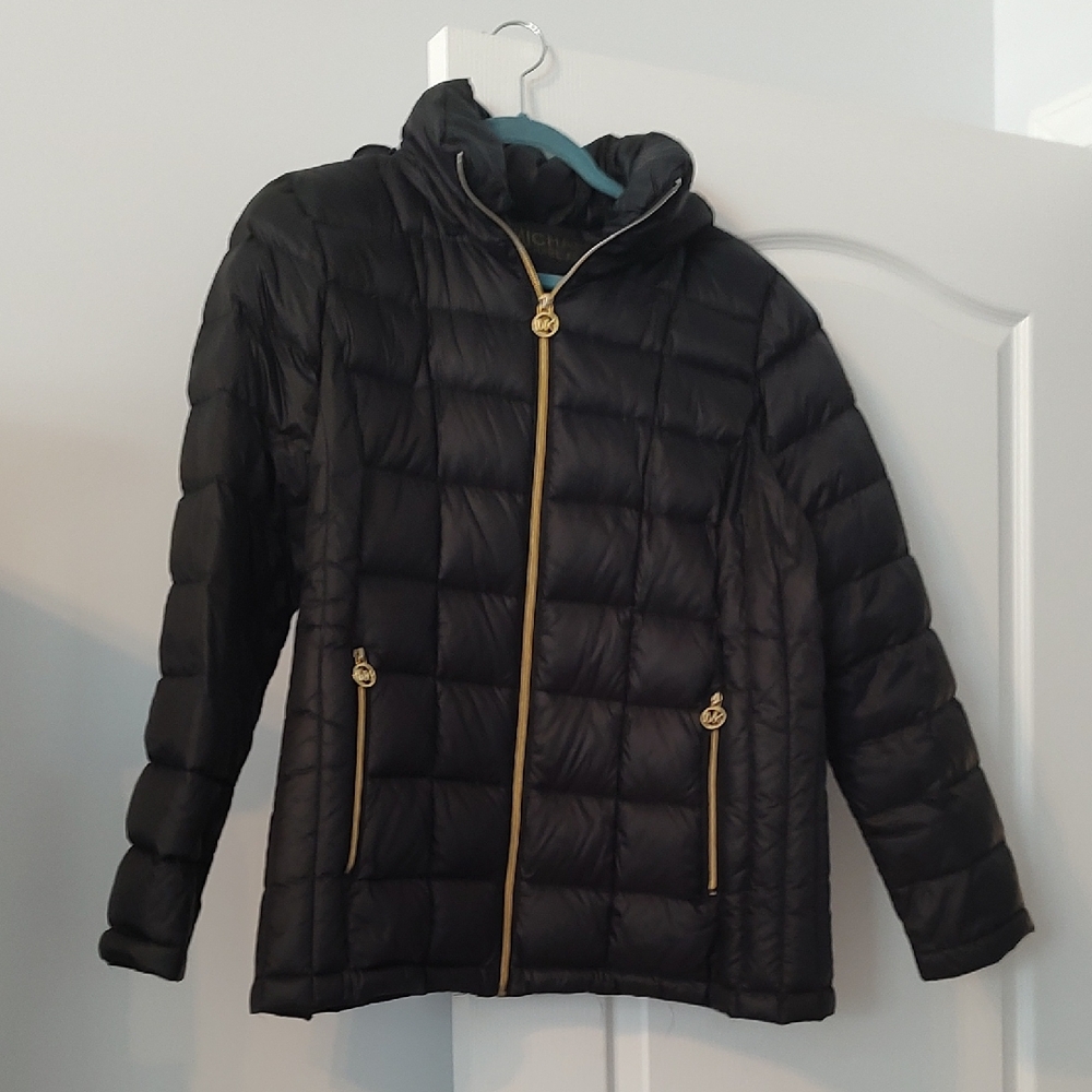 Michael Kors Black Puffer Jacket with Gold Accents